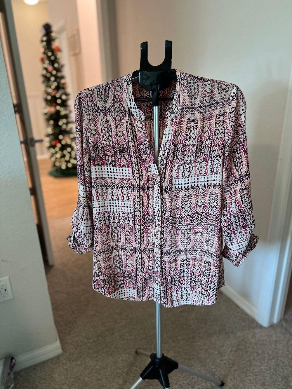 KUT From the Kloth Pink Geometric 3/4 Sleeve Button Up Blouse Women’s Size Med